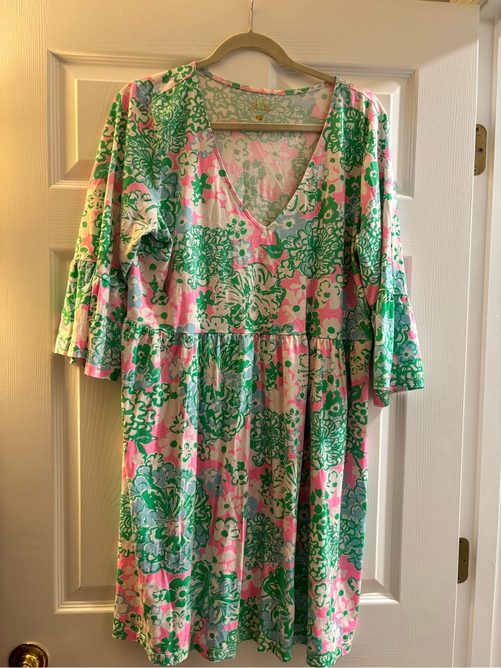 Lilly Pulitzer Pink & Green Floral V-Neck Tiered Mini Dress